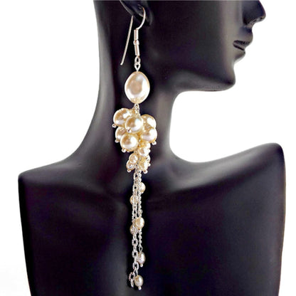 Faux Pearl Handmade Dangle Earrings, Cream with Silver Plated Findings, 13cm Long