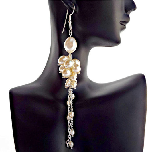 Faux Pearl Handmade Dangle Earrings, Cream with Silver Plated Findings, 13cm Long