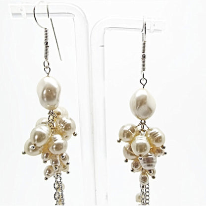 Faux Pearl Handmade Dangle Earrings, Cream with Silver Plated Findings, 13cm Long