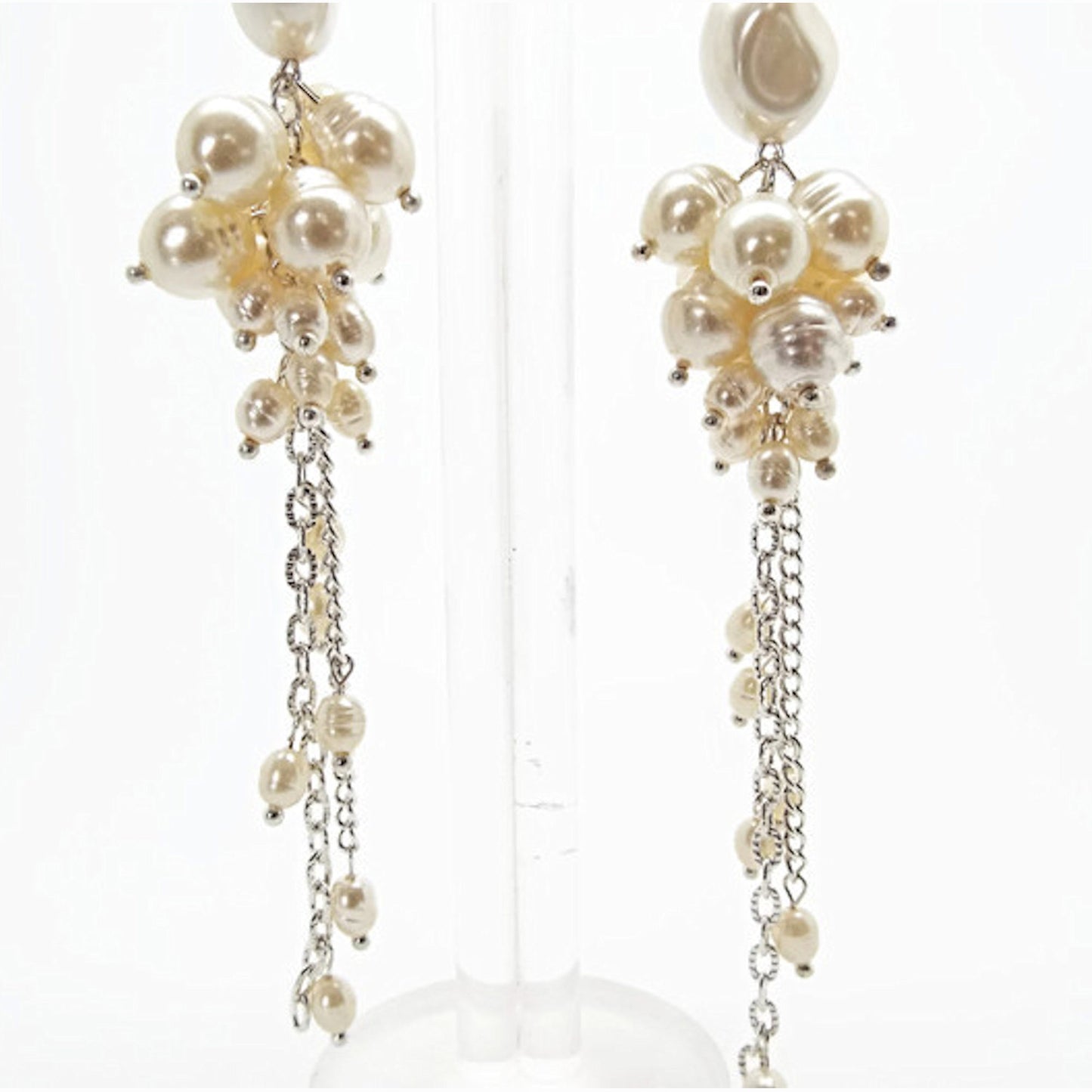 Faux Pearl Handmade Dangle Earrings, Cream with Silver Plated Findings, 13cm Long