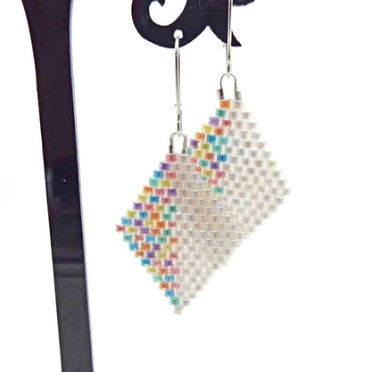 Beaded Diamond Shaped Earrings in Pastel or Metallic, Handmade with Cylinder Beads 35mm Drop