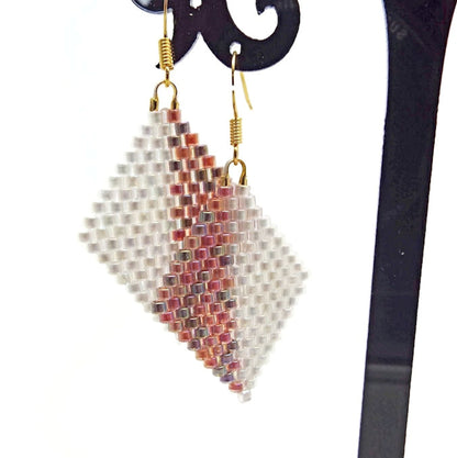 Beaded Diamond Shaped Earrings in Pastel or Metallic, Handmade with Cylinder Beads 35mm Drop