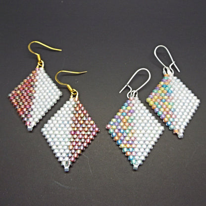 Beaded Diamond Shaped Earrings in Pastel or Metallic, Handmade with Cylinder Beads 35mm Drop