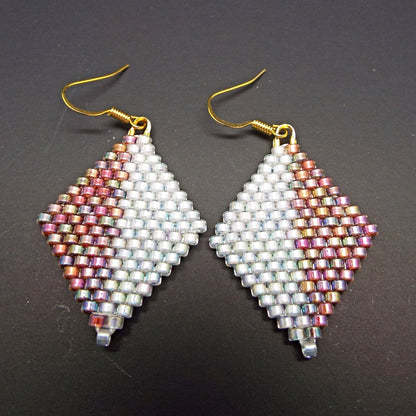 Beaded Diamond Shaped Earrings in Pastel or Metallic, Handmade with Cylinder Beads 35mm Drop