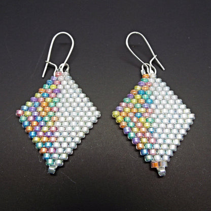 Beaded Diamond Shaped Earrings in Pastel or Metallic, Handmade with Cylinder Beads 35mm Drop