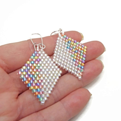 Beaded Diamond Shaped Earrings in Pastel or Metallic, Handmade with Cylinder Beads 35mm Drop