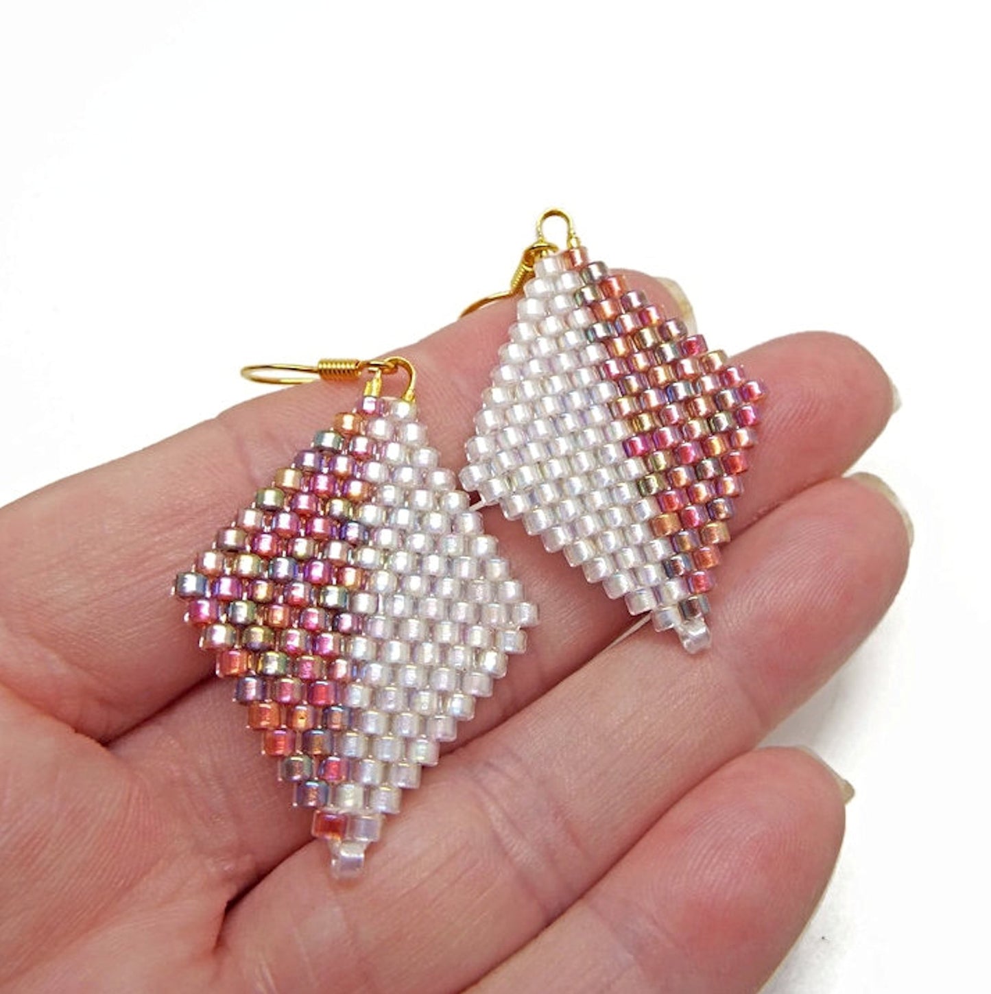 Beaded Diamond Shaped Earrings in Pastel or Metallic, Handmade with Cylinder Beads 35mm Drop