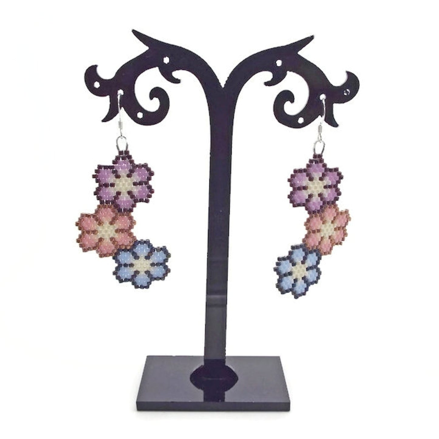 Triple Flower Earrings with Sterling Silver Earwires, Handmade with Miyuki Delica Beads