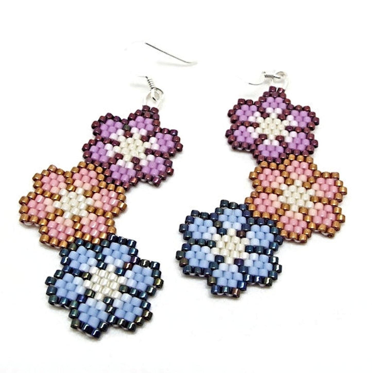 Triple Flower Earrings with Sterling Silver Earwires, Handmade with Miyuki Delica Beads