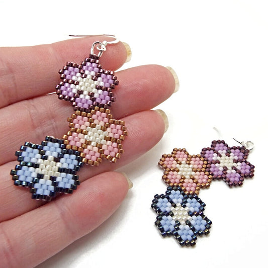 Triple Flower Earrings with Sterling Silver Earwires, Handmade with Miyuki Delica Beads