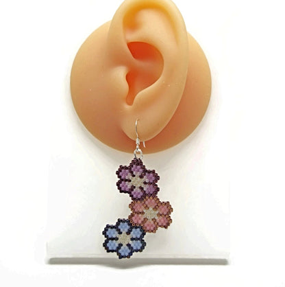 Triple Flower Earrings with Sterling Silver Earwires, Handmade with Miyuki Delica Beads