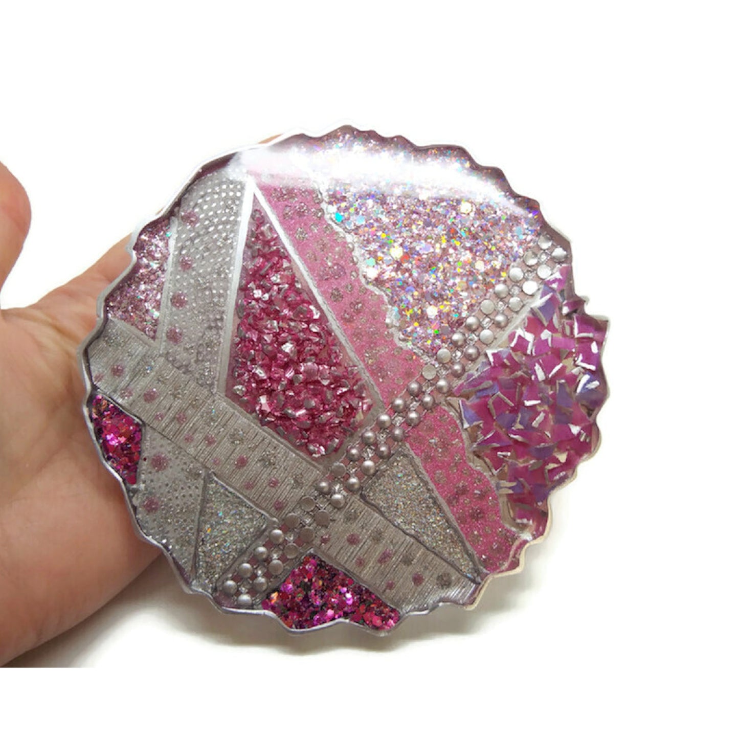 Decorative Plate or Large Coaster in Pink & Silver with Silicone Feet, Handmade with Resin