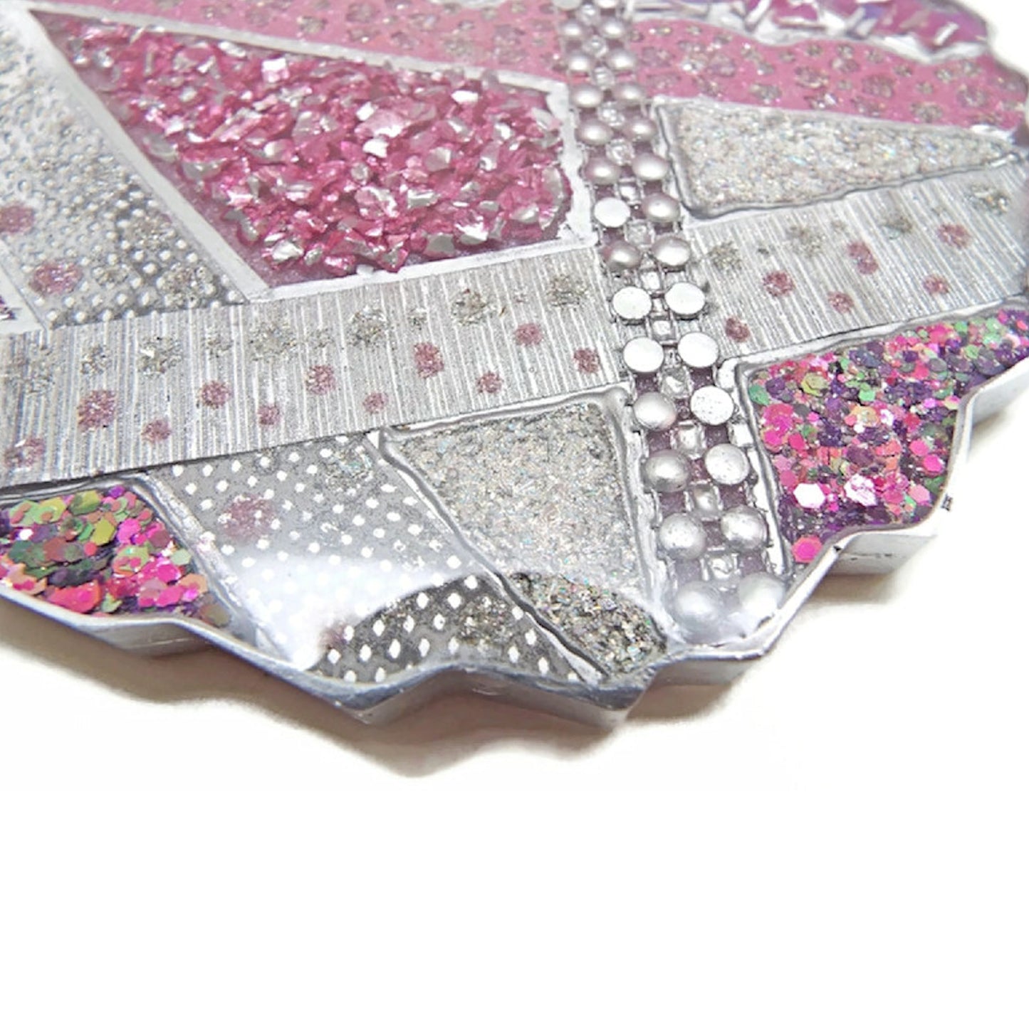 Decorative Plate or Large Coaster in Pink & Silver with Silicone Feet, Handmade with Resin