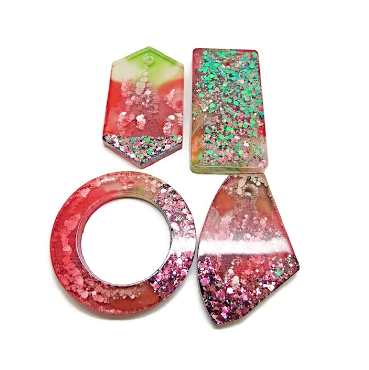 4 Handmade Pendants in a Watermelon Design with Chameleon Glitter & Cloud Effects