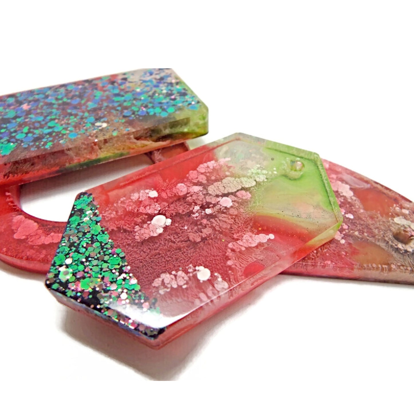 4 Handmade Pendants in a Watermelon Design with Chameleon Glitter & Cloud Effects