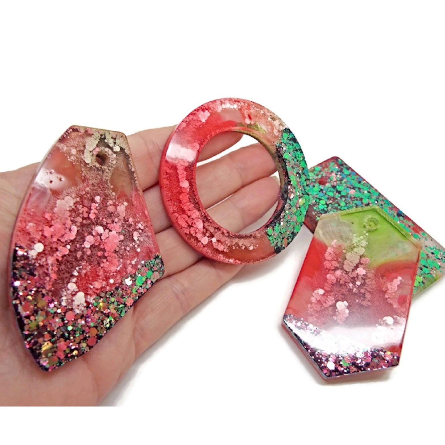 4 Handmade Pendants in a Watermelon Design with Chameleon Glitter & Cloud Effects