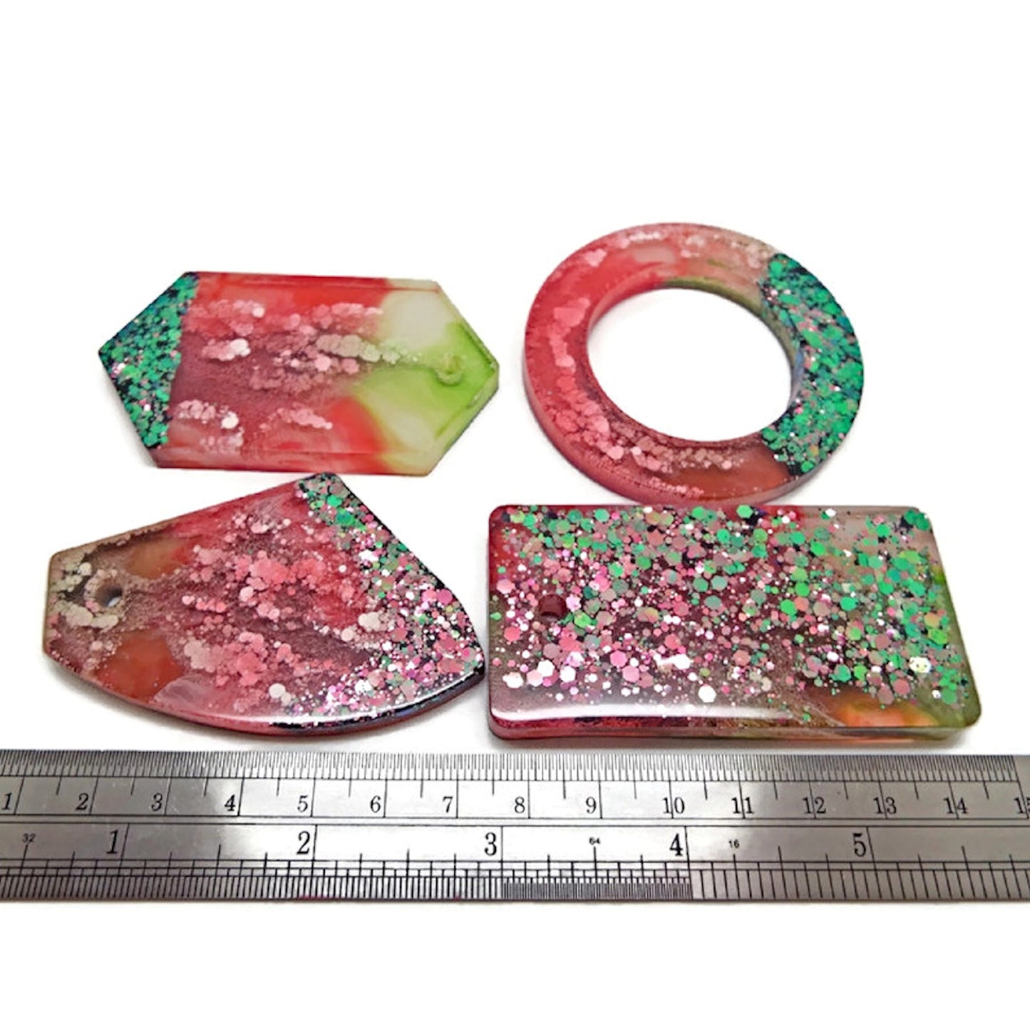 4 Handmade Pendants in a Watermelon Design with Chameleon Glitter & Cloud Effects