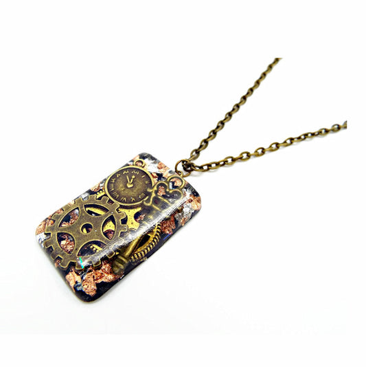 Handmade Steampunk Necklace with Cogs, Key & Clock Embedded in Resin