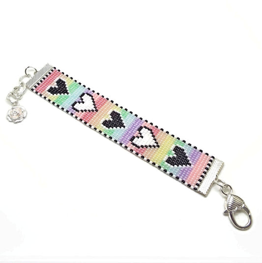 Hearts Bracelet in Pastels, Black and White, Hand Loomed Miyuki Jewellery with with Silver Tone Findings and Rose Charm