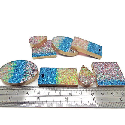 8 Pendants or Earring Components Handmade with Glitter & Resin, 4 Pairs Ready to Hang in 4 Shapes