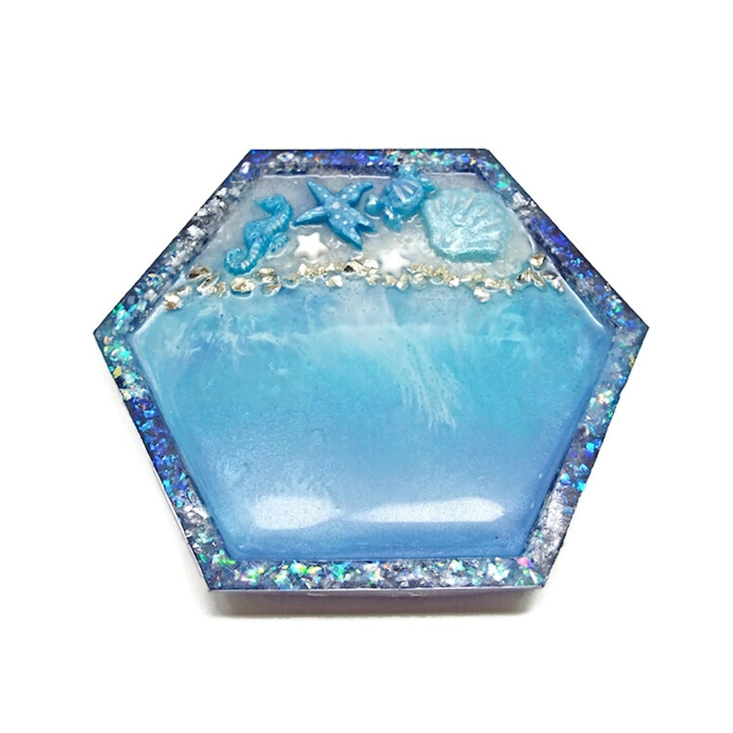 Sea Shore Trinket Dish or Jewellery Tray in Hexagon Shape with Starfish, Shell, Seahorse & Crab