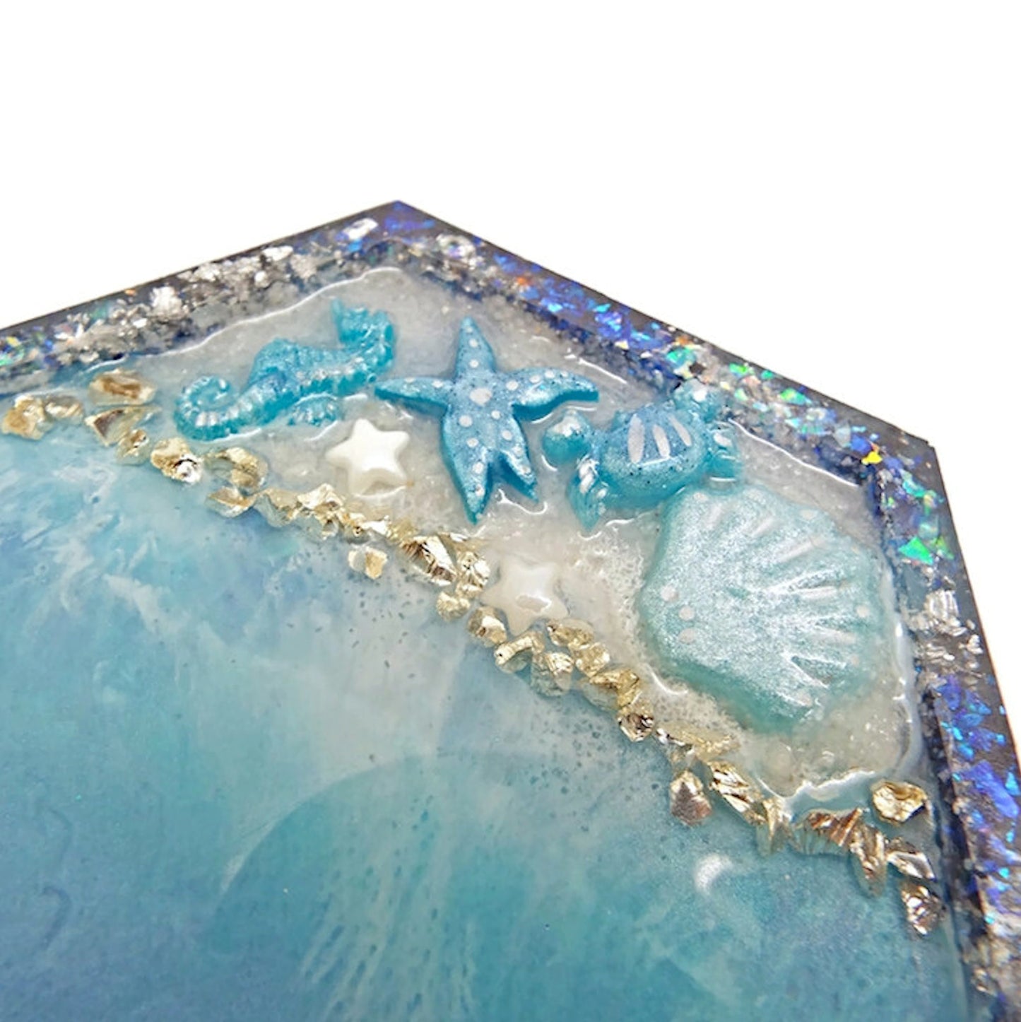 Sea Shore Trinket Dish or Jewellery Tray in Hexagon Shape with Starfish, Shell, Seahorse & Crab