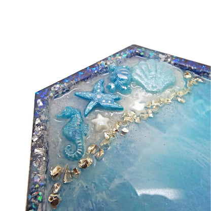 Sea Shore Trinket Dish or Jewellery Tray in Hexagon Shape with Starfish, Shell, Seahorse & Crab