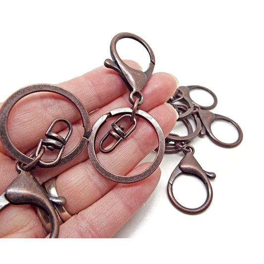 5 LARGE RED Copper Keychains with Lobster Clasp and Swivel Centre, Metal Keyring Blanks for Decoration