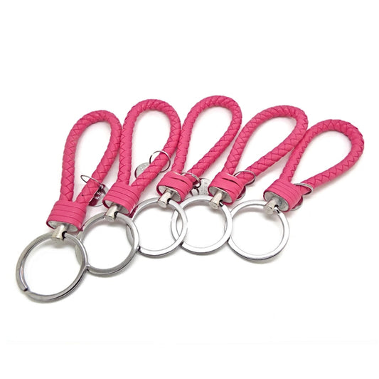 5 BRAIDED LANYARD KEY FOBS in 3 Colours, Pink, Brown or Gold, Faux Leather Keyrings, 12cm with 3cm Silver Metal Ring