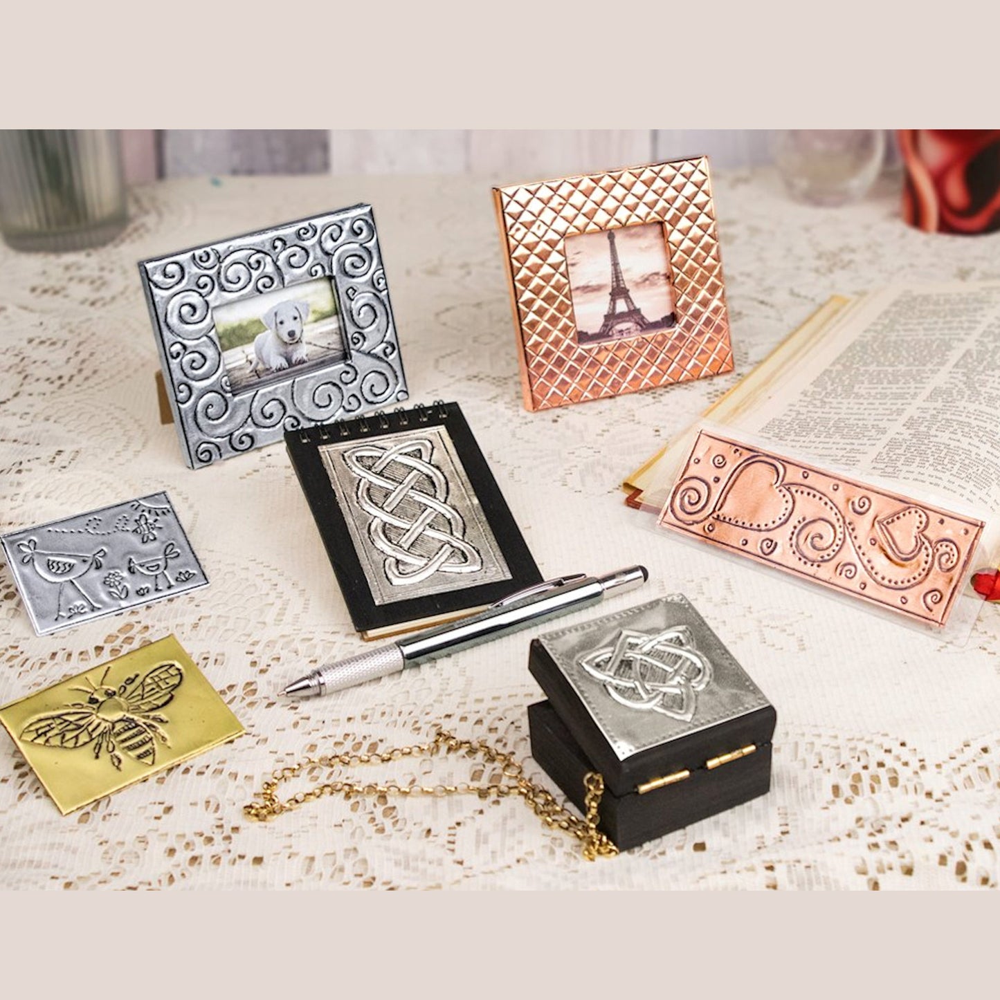 COMPLETE METAL EMBOSSING KIT, Metal Craft Kit with 7 Projects including Picture Frames, Magnets & Jewel Box