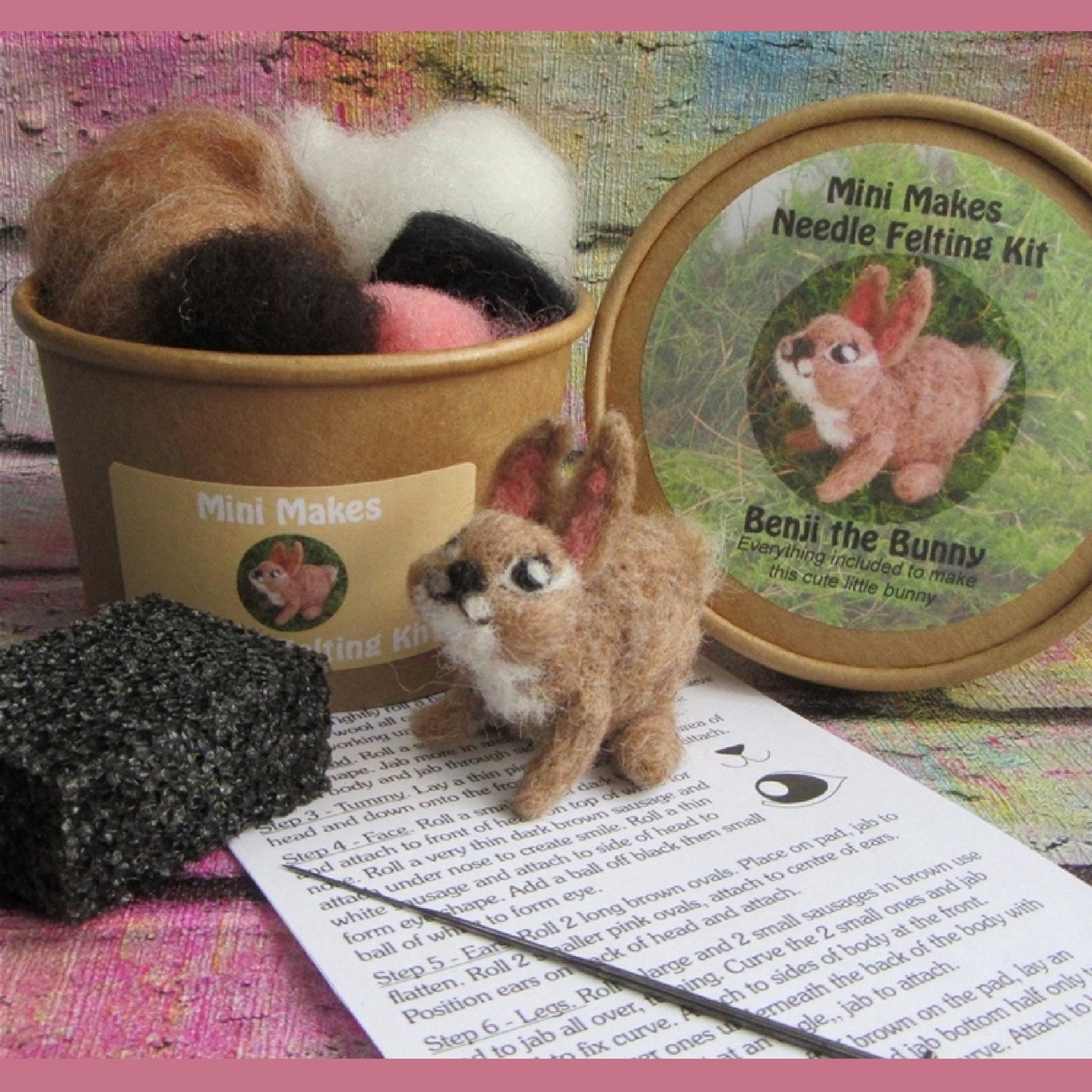 RABBIT NEEDLE Felting Starter Kit, Benji the Bunny, includes Carded Wool, Felting Needle, Felting Pad