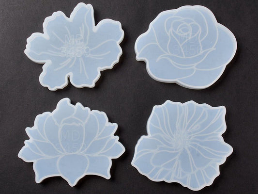 Set of 4 Flower Silicone Coaster Moulds for Use with Resin, Clay & Jesmonite, Clear Silicone