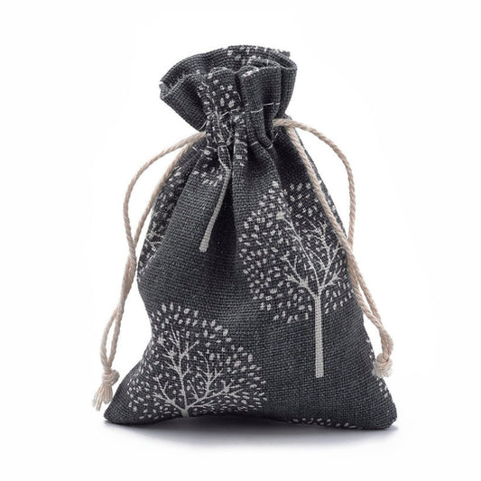 5 GREY TREE FABRIC BAGS 14x10cm Drawstring Pouch Bags for Jewellery Presentation and Gifting