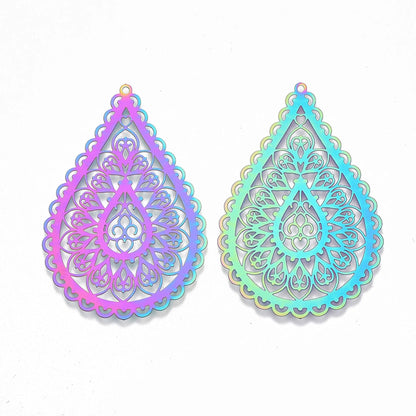 Rainbow Teardrop Pendants, Set of 5, 54mm Electroplated Stainless Steel, Lightweight Filigree Style, Scalloped Edge Jewellery Components