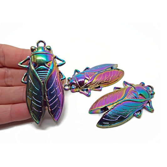 LARGE CICADA Rainbow Pendants, Set of 3, 62x34mm Insect Jewellery, Metal Keyring or Bag Charms with 4mm Hole