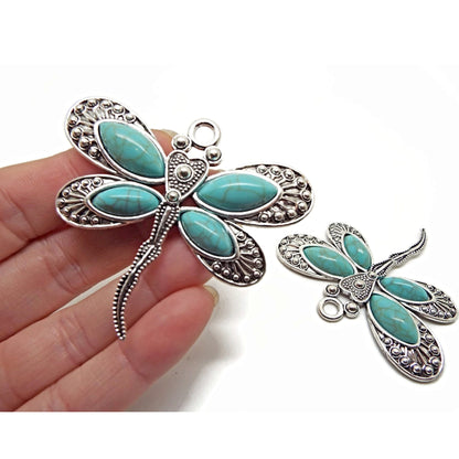 2 FAUX TURQUOISE Dragonfly Pendants, Large Tibetan Silver Style Keyring Charm, Suncatcher or Wall Hanging Charm, 60x53mm