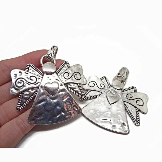 2 LARGE SILVER Angel Pendants or Wall Decoration, 72x63mm Metal Hanging with Bail, Bag or Keyring Charm