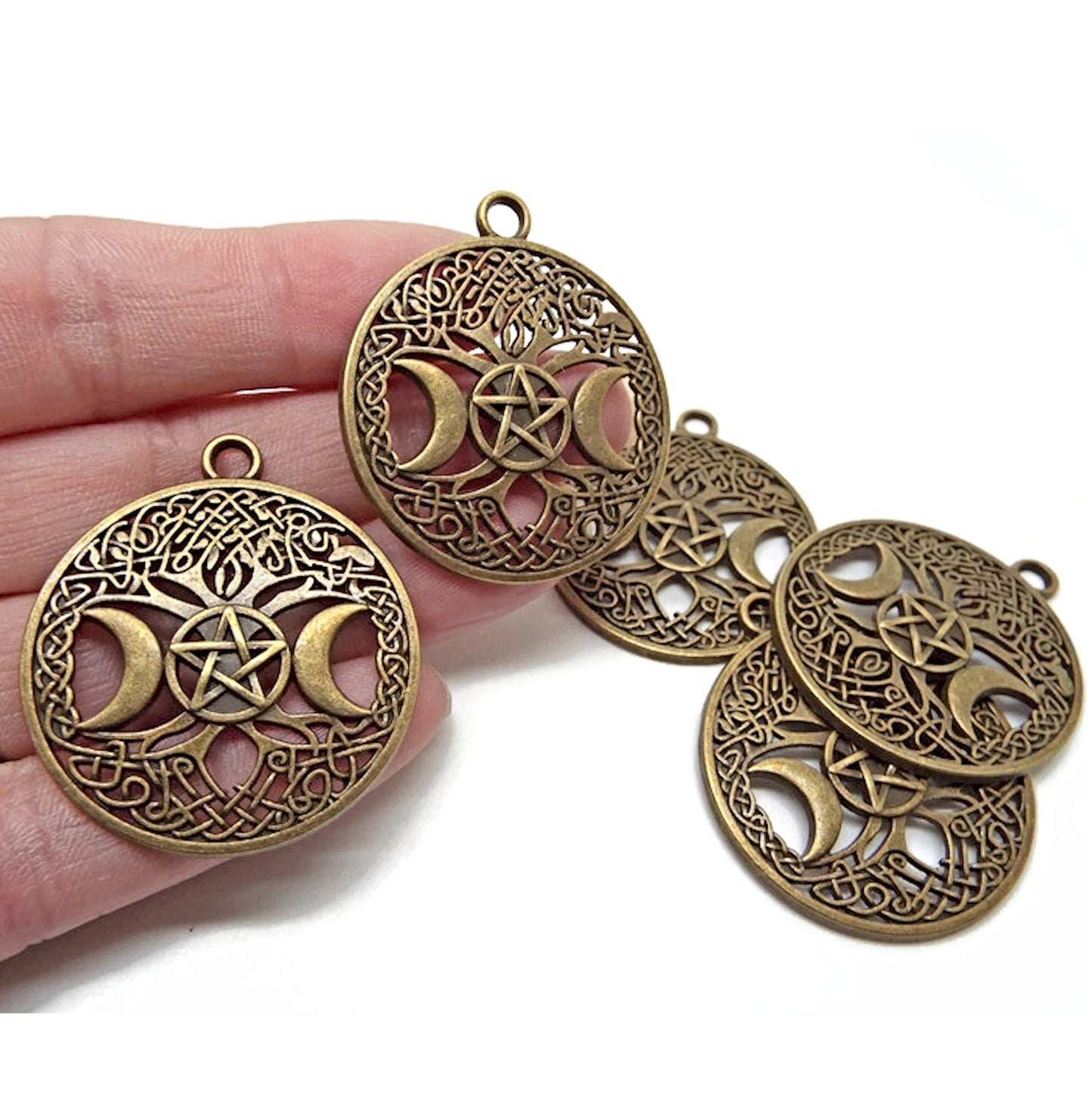 10 Triple Moon Pendants in Antique Bronze, Pentagram Tree Charms, 39x34x2.5mm