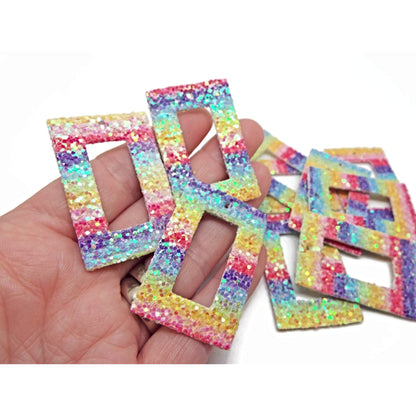 20 FAUX LEATHER Pendants with Rainbow Sequin Glitter, 43x28x2mm Rectangle with Centre Cut-Out