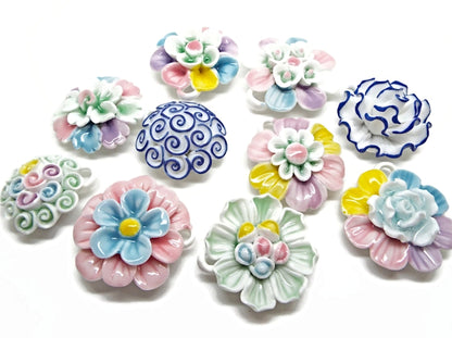 Porcelain Flower Pendants for Statement Jewellery Making, Craft Supplies, Multicoloured 34-44mm