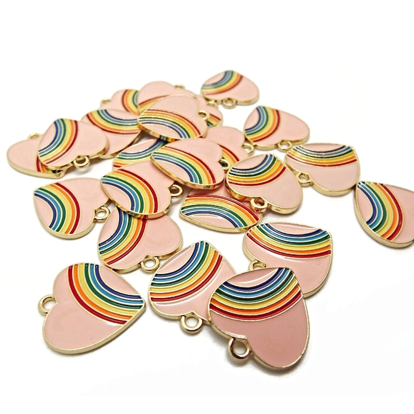 10 Pink Rainbow Enamel Charms with Gold Base, 20x18mm Metal Jewellery Pendants or Charms