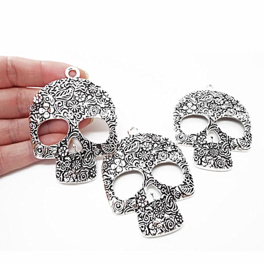 3 LARGE SKULL PENDANTS 66mm Gothic Day of the Dead Embellishments, Dark Antique Silver Metal Halloween Skulls