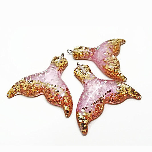 LARGE PINK & Gold Resin Mermaid Tail Pendants, Pack of 3, 45mm Glitter Charms for Whale or Mermaid Jewellery