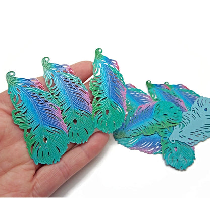 10 Large Filigree Feather Pendants Enamelled in Green Blue Purple & Pink, 60x27mm