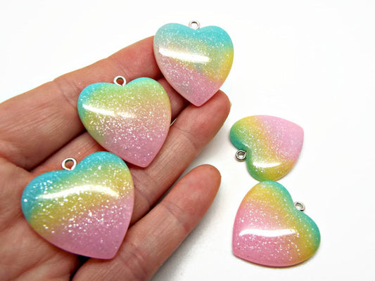 29MM RAINBOW HEART PENDANTS, Glitter and Resin Valentine Jewellery Charms, Set of 5