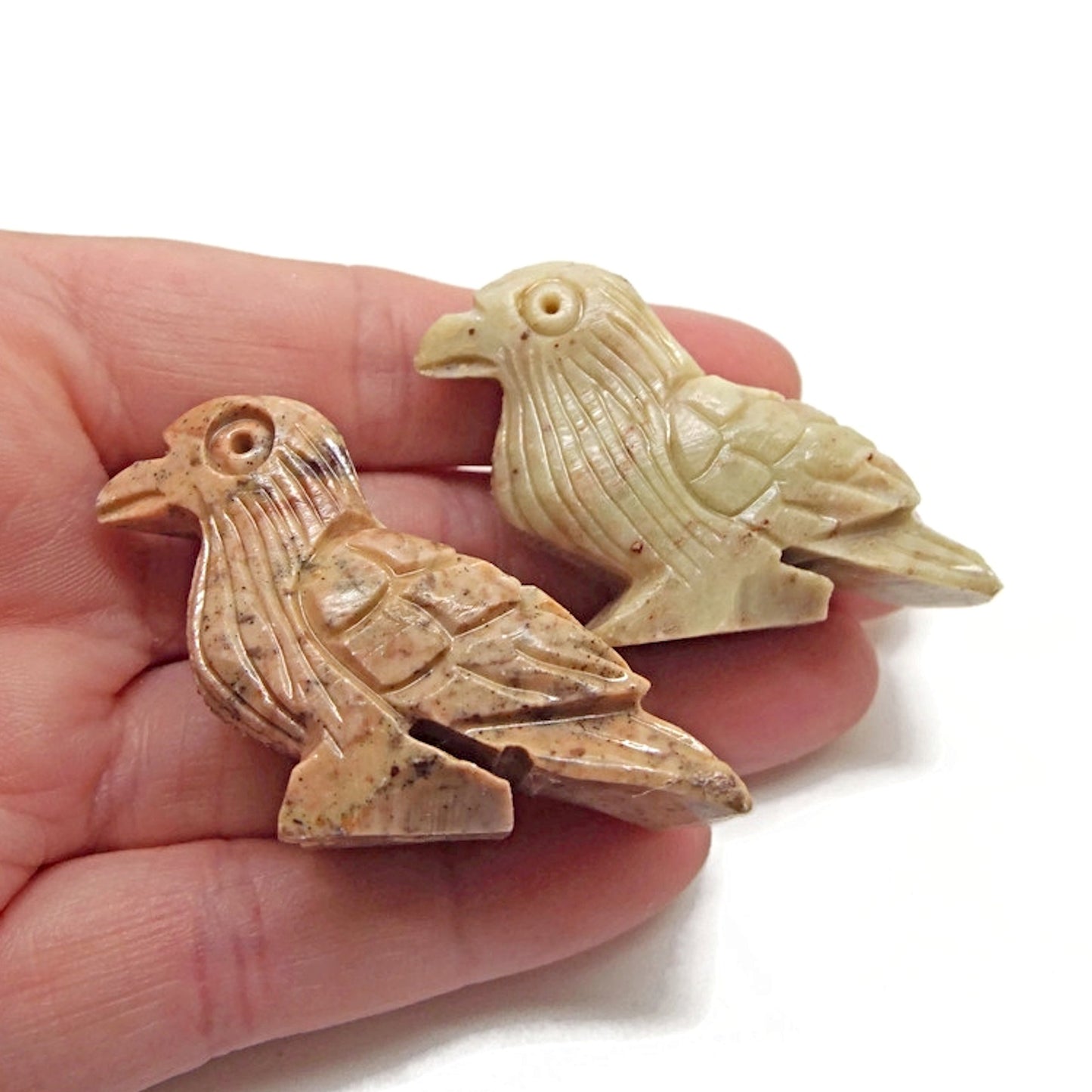 2 Carved Soapstone Bird Pendants 45x35x11mm for Jewellery and Crafts
