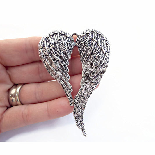 3 LARGE SILVER Angel Wings Pendants in a Tibetan Silver Style, 70x47mm