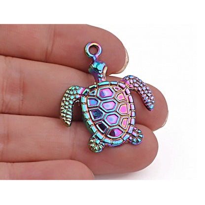 5 RAINBOW TURTLE Pendants 33x25mm Charms for Animal Sealife Jewelry, Rainbow Plated Metal Charms with 2mm Hole