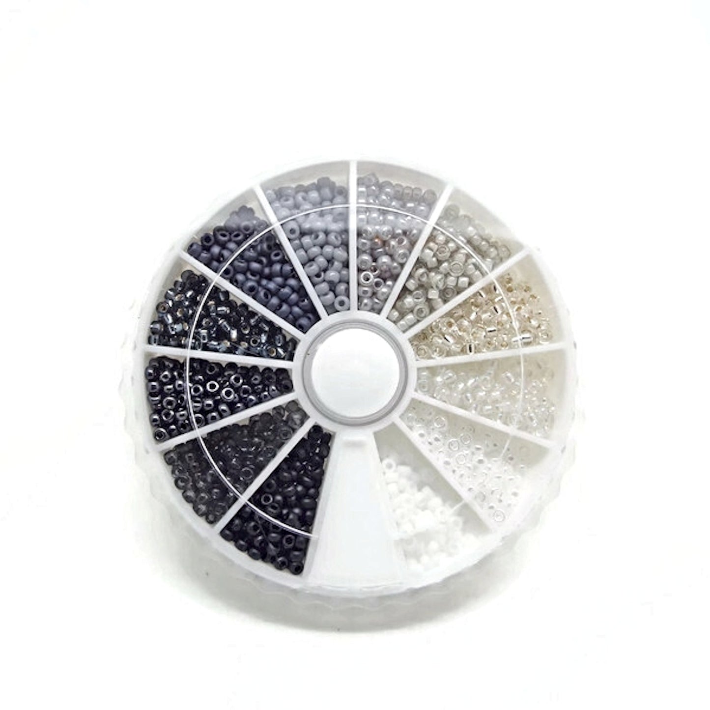 1800 Miyuki Seed Bead Monochrome Mix Bead Wheel, 12 Colours in Blacks, Whites & Grays, 150 of Each Colour