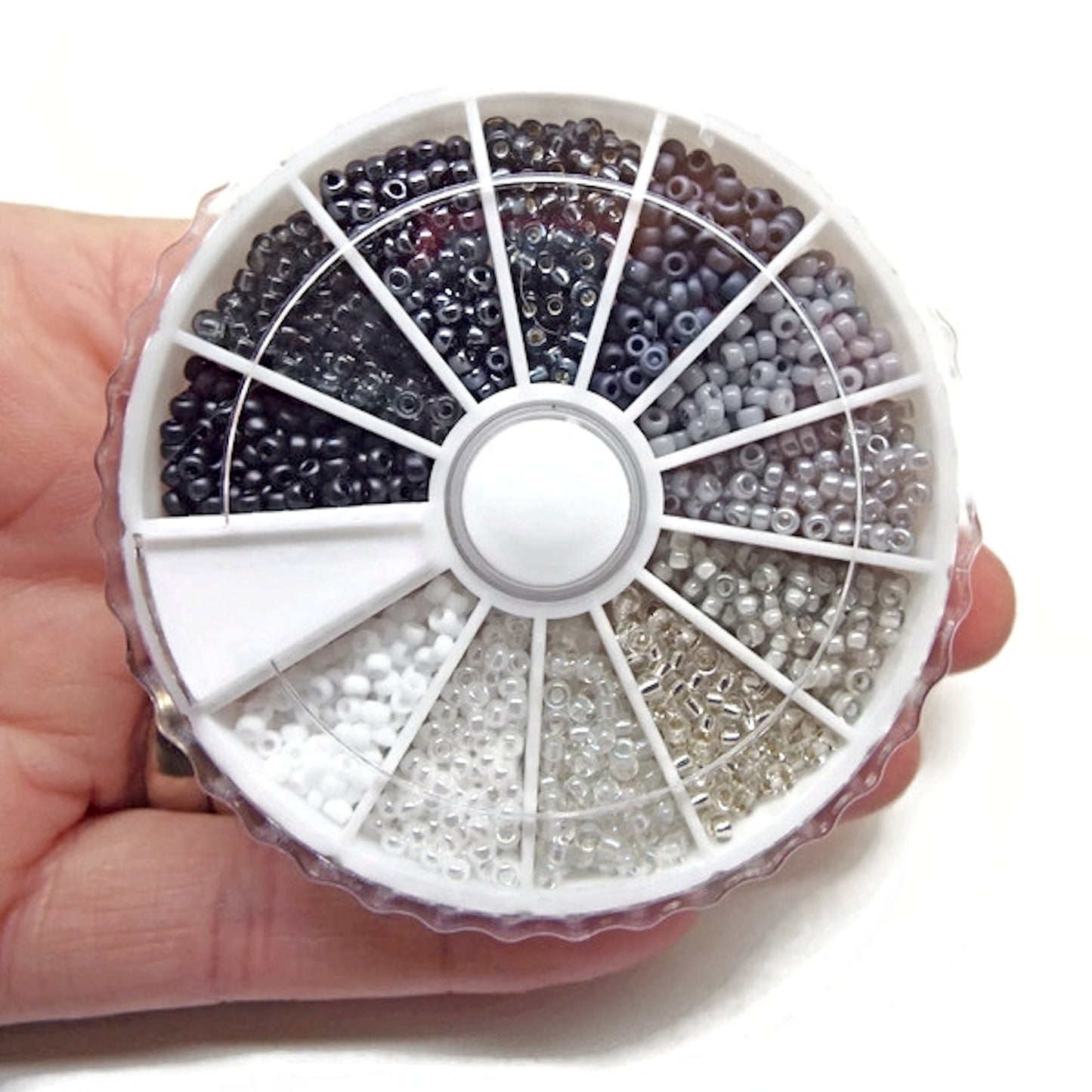 1800 Miyuki Seed Bead Monochrome Mix Bead Wheel, 12 Colours in Blacks, Whites & Grays, 150 of Each Colour